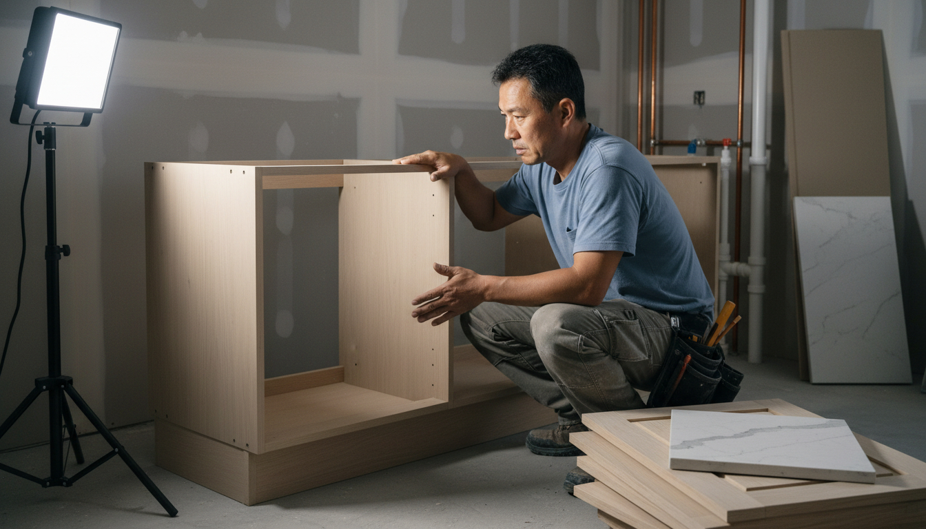 Ask to see how the cabinet boxes are built; plywood construction with dovetailed or doweled joints outlasts stapled particleboard, and it is one of the clearest quality tells you can check yourself.