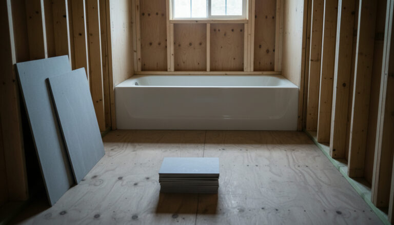 A new white bathtub set in a gutted bathroom with tile and cement board on the subfloor