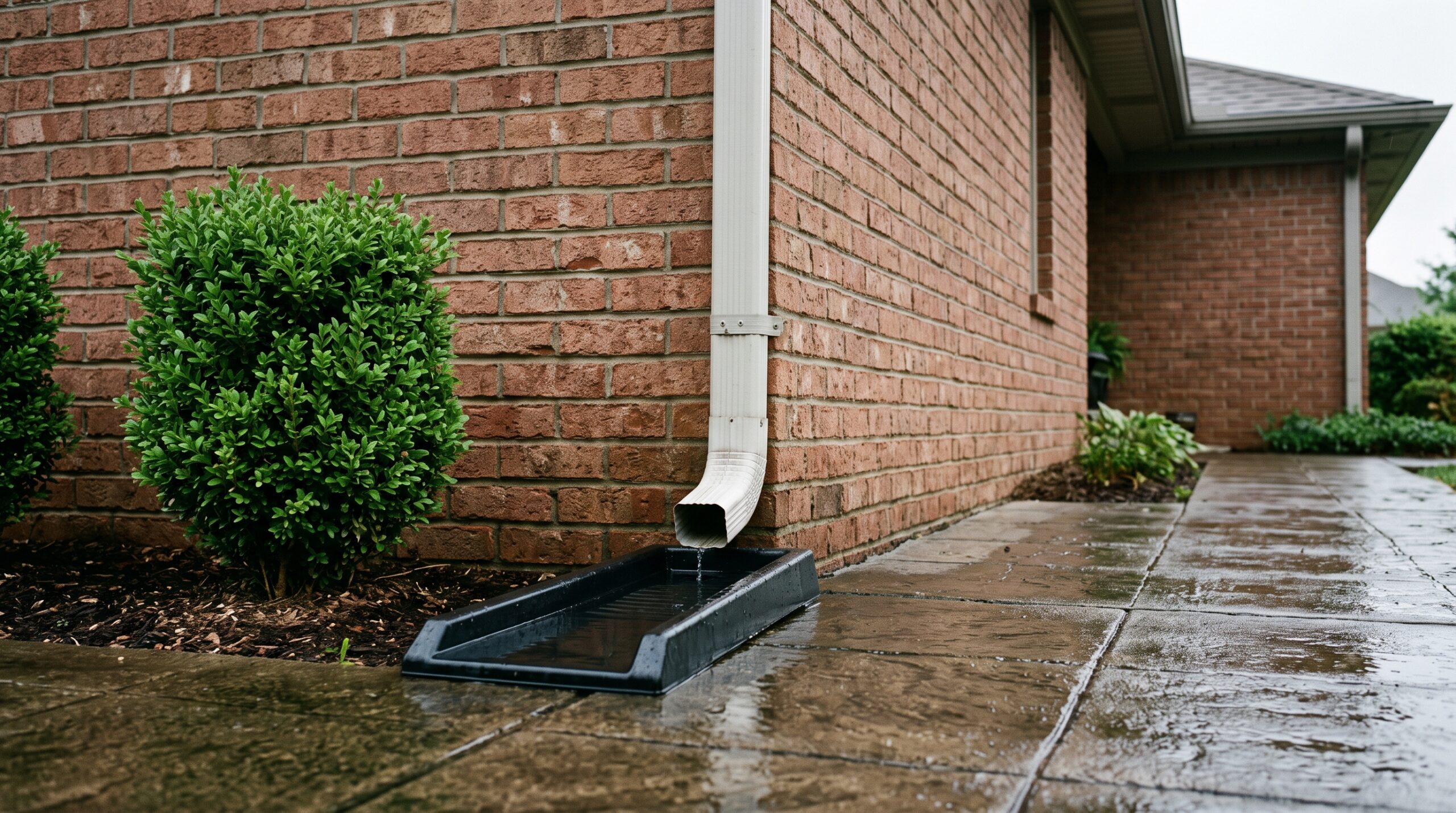 A downspout is only doing its job if the water it carries actually leaves the foundation, which is what the splash block at the bottom is for.