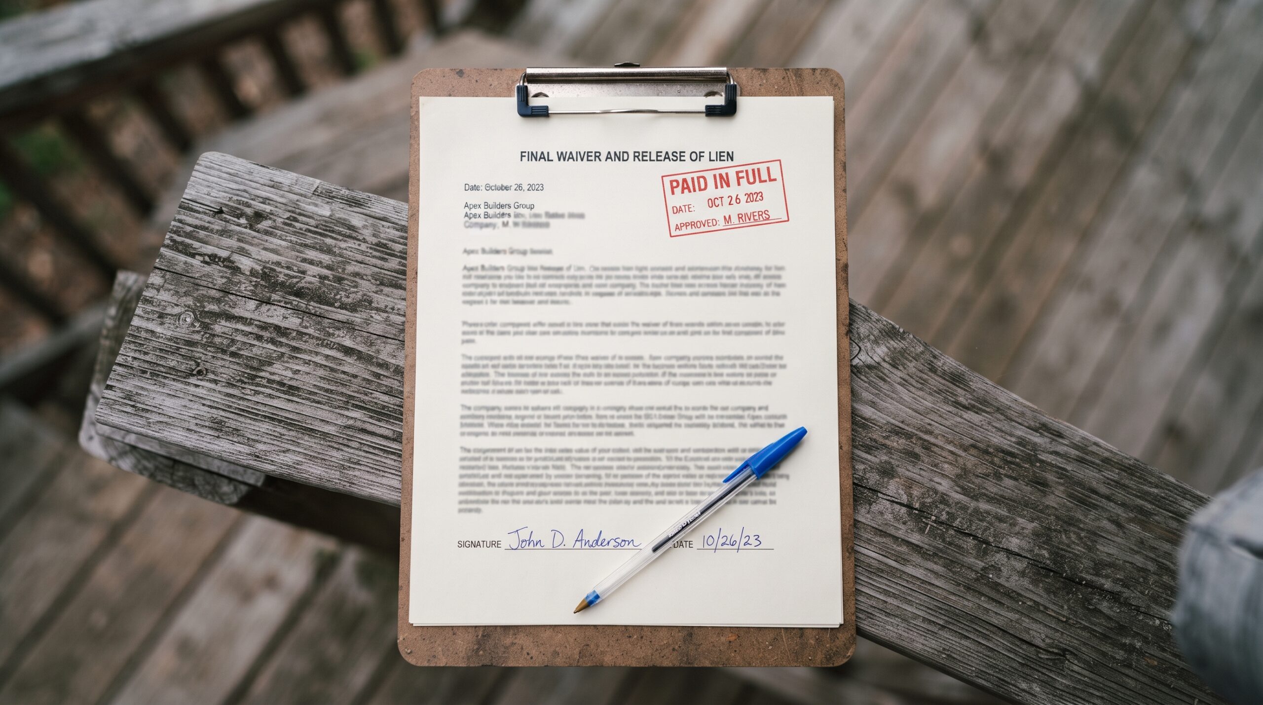 A lien waiver signed at every payment draw, not just the final one, is the paper trail that proves subcontractors and suppliers actually got paid.