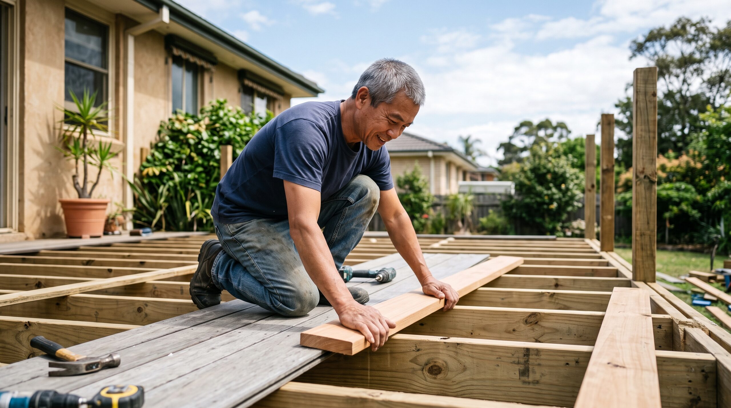 Composite and pressure-treated decking use the same footings and framing underneath, so the price gap between them is almost entirely in the visible boards and railing.