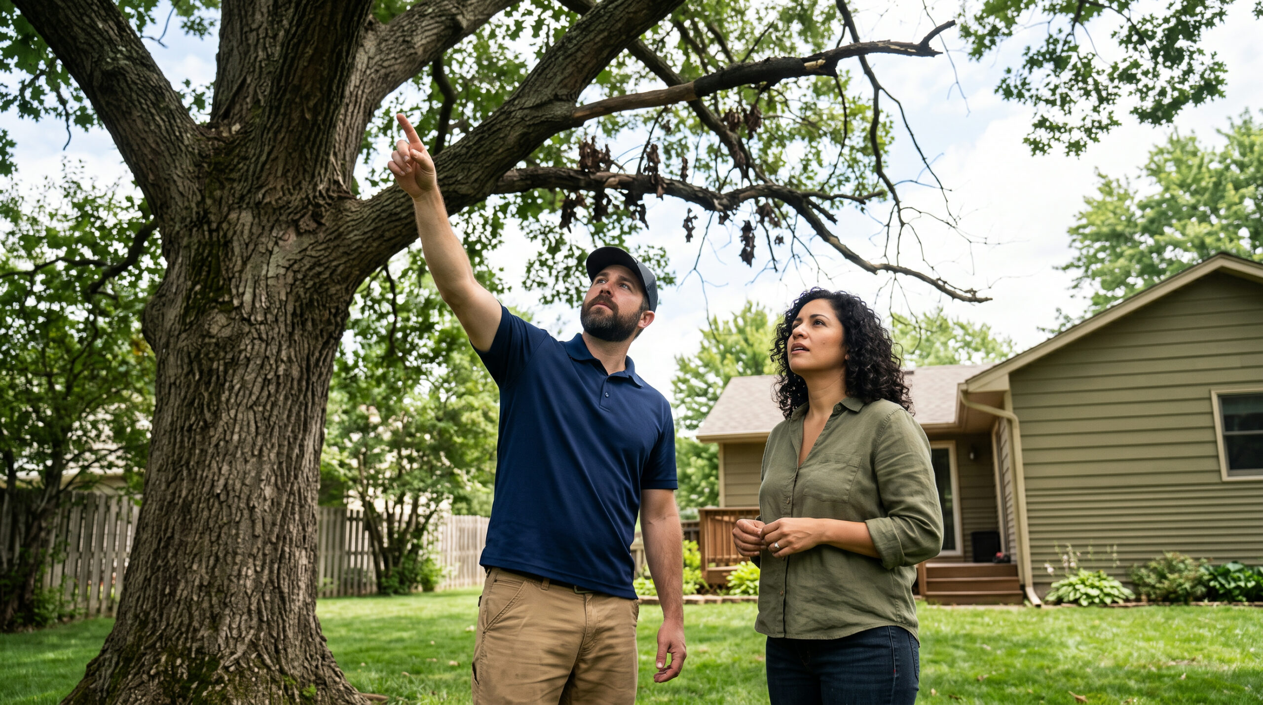 A tree leaning toward a roofline changes the entire removal method, which is exactly what a phone estimate can't see.