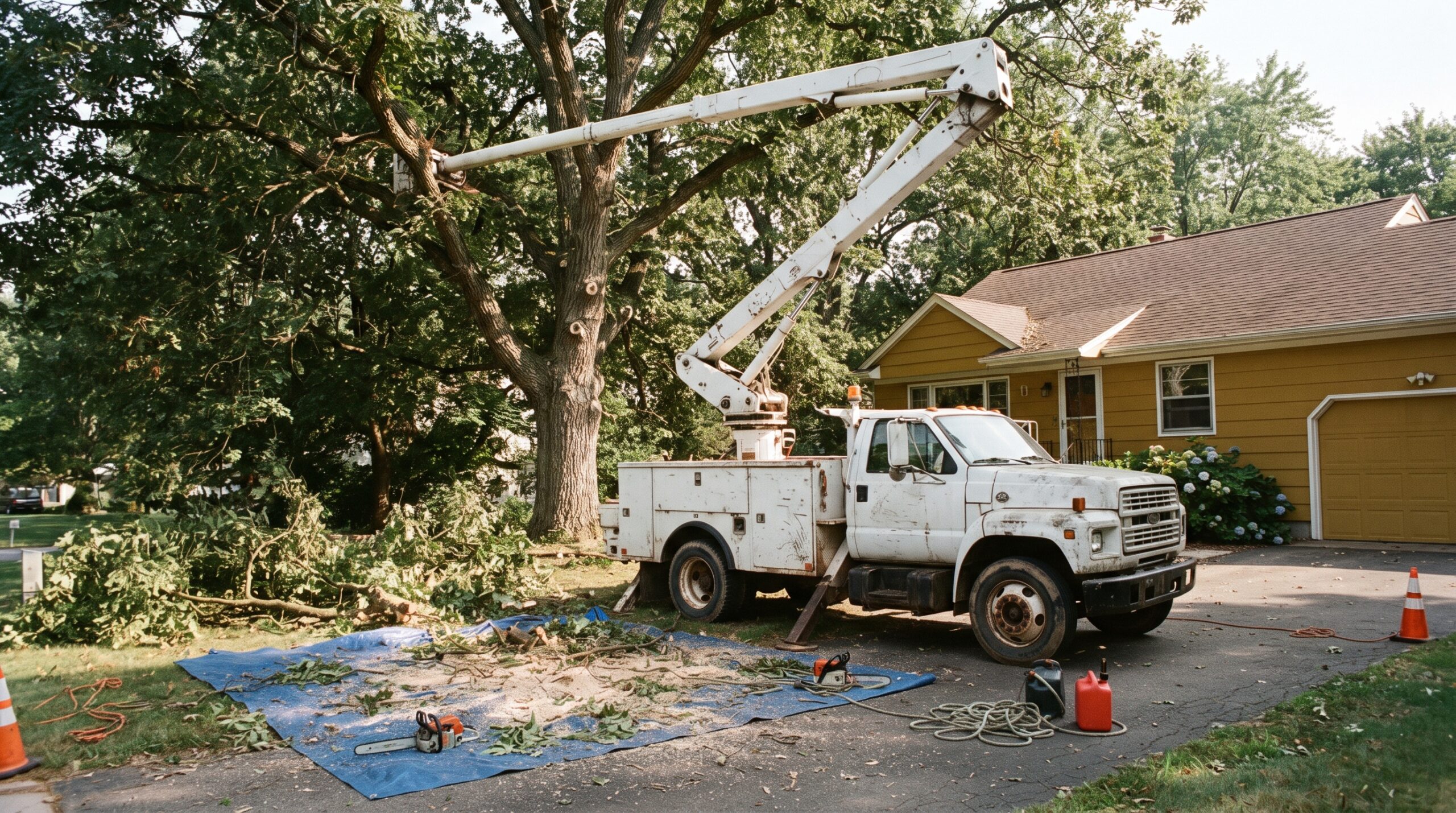A truck that can reach the canopy from the driveway keeps a trim job in the low end of the range; a tree that has to be climbed rarely does.