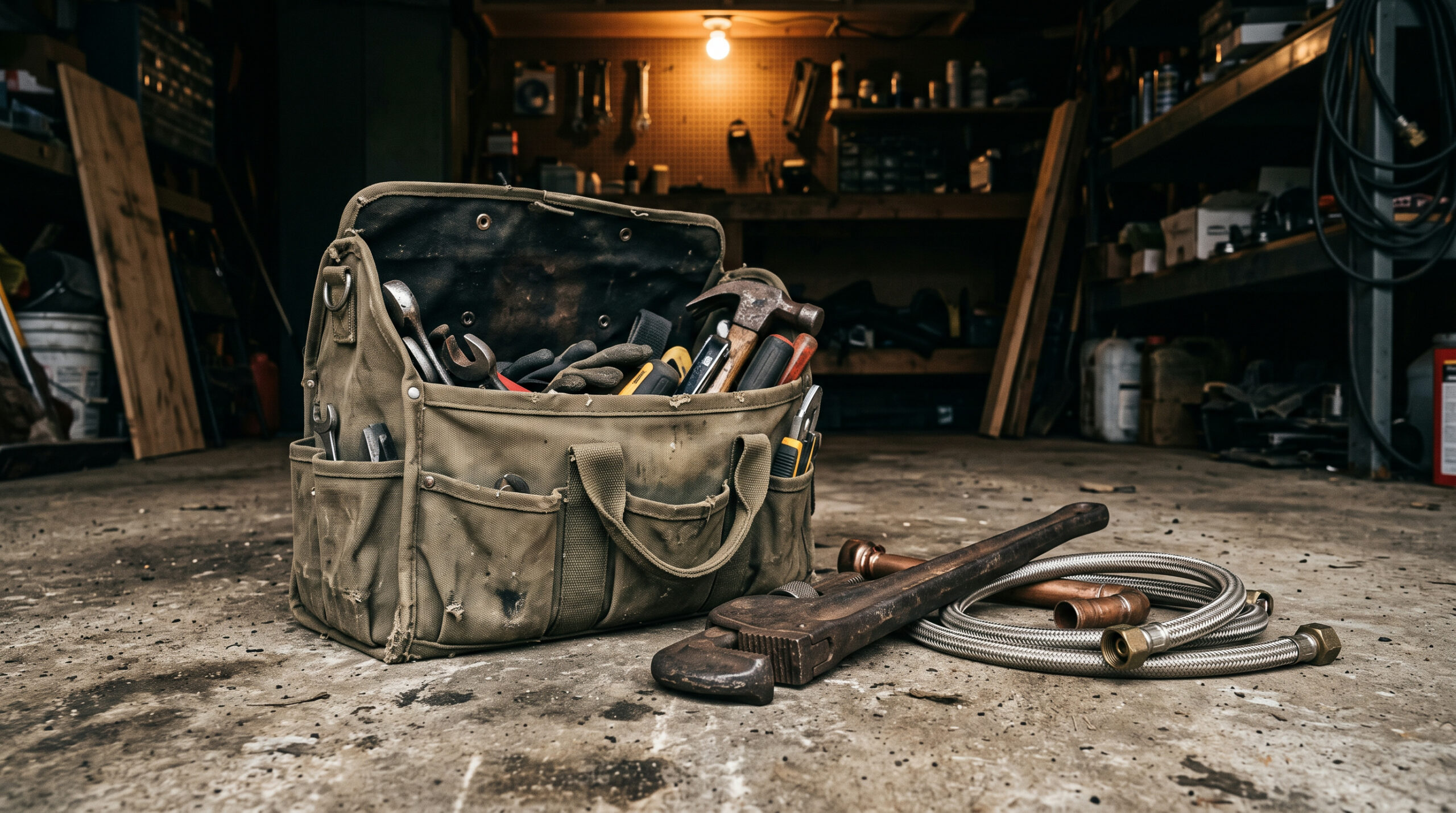 A plumber's kit for a typical service call, before anyone quotes a price.