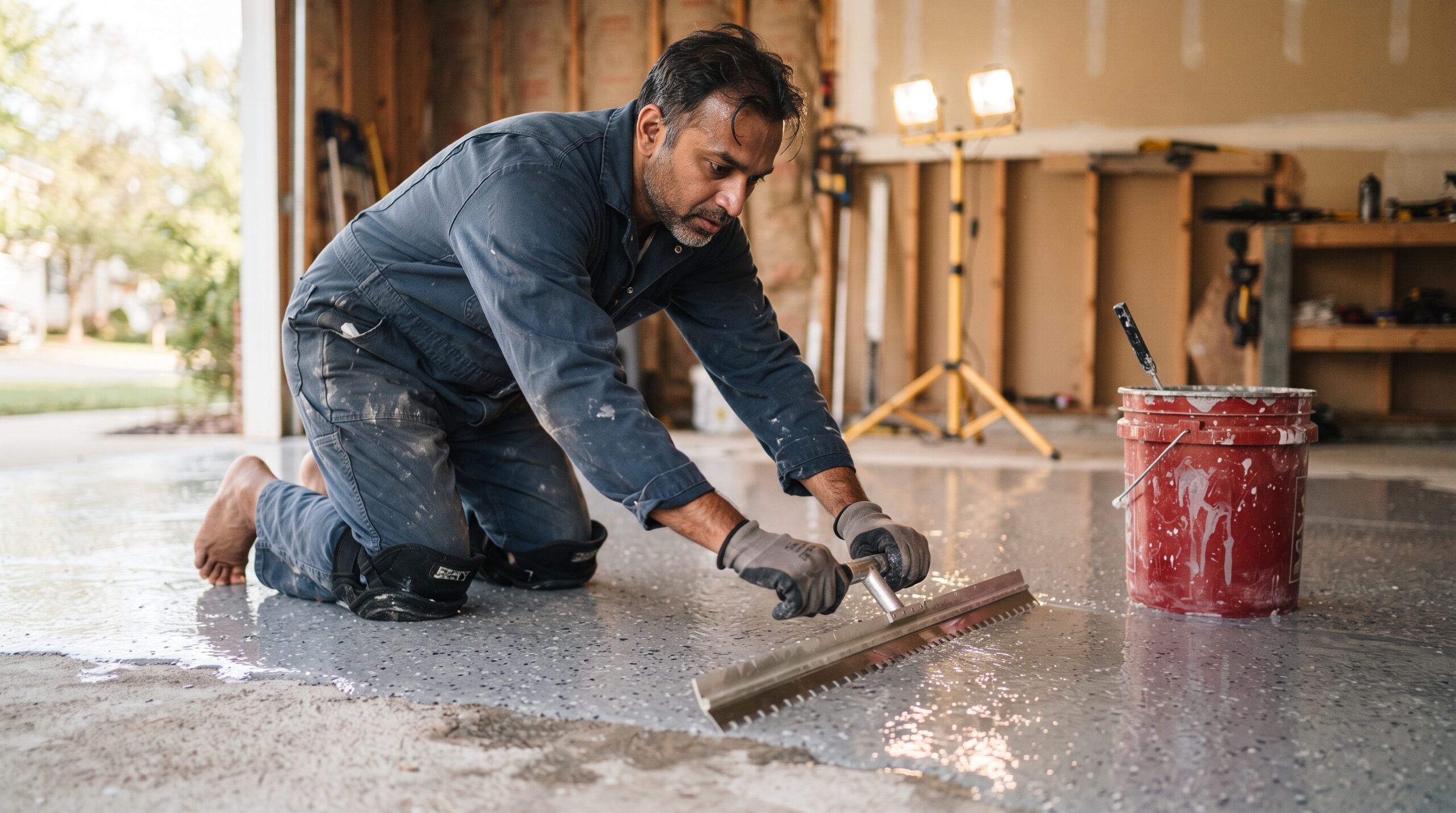 A moisture-tested slab and a steady pass with the squeegee are what keep a coating from lifting in year two.