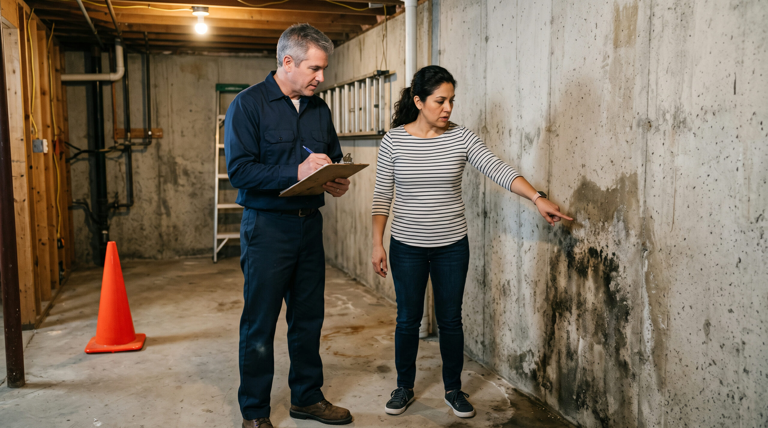 The damp patch she's pointing to decides whether the fix is a $300 crack injection or a $12,000 excavation, which is exactly why the diagnosis has to come before the quote.
