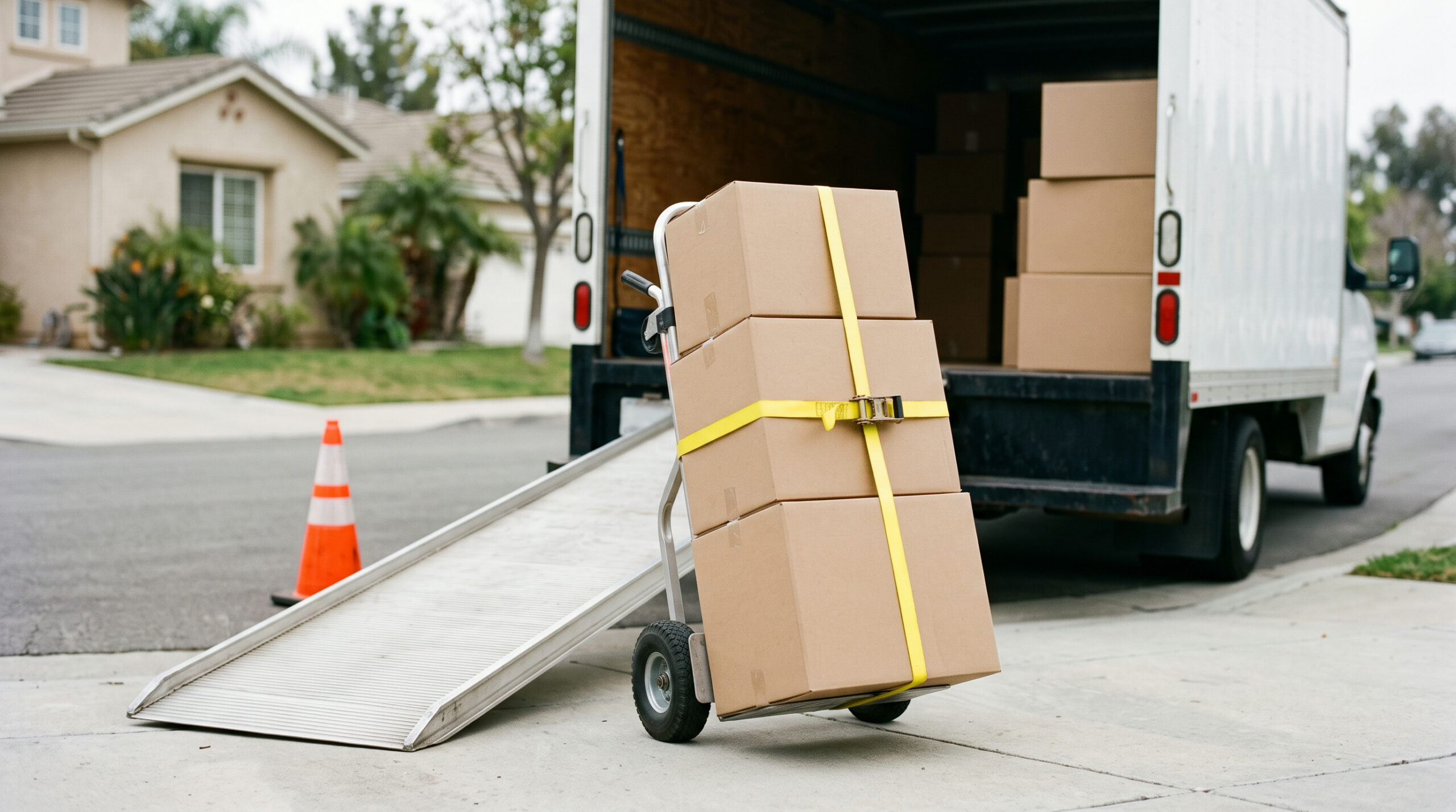 A loaded hand truck waits at the ramp, the kind of moment a written inventory and a confirmed estimate are supposed to account for.